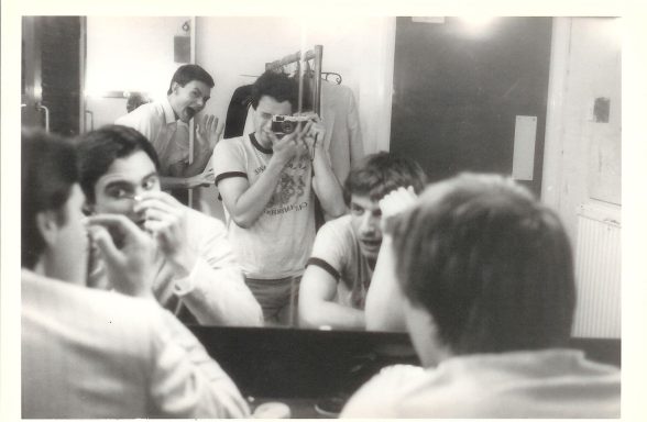 Dressing room still of Tony, Neil Mullarkey (?), cameraman (?), Richard Vranch